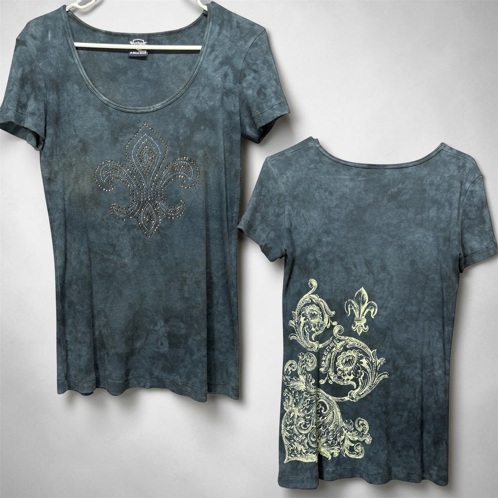 Y2K Sledge USA Fleur De Lis Rhinestone Acid Washed Tee T-Shirt Womens M Navy